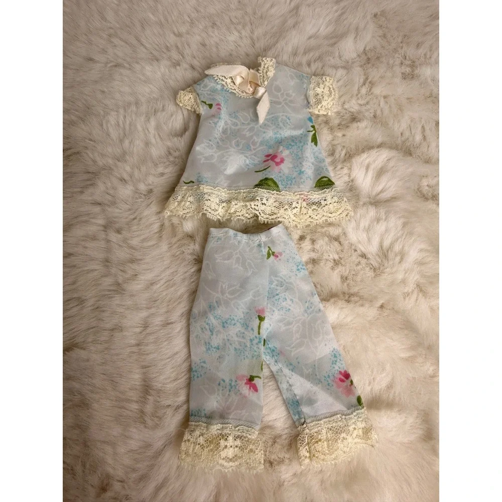 Vintage 1960s Doll Clothes Pink Satin Nightgown Floral Pajama Set Barbie Size